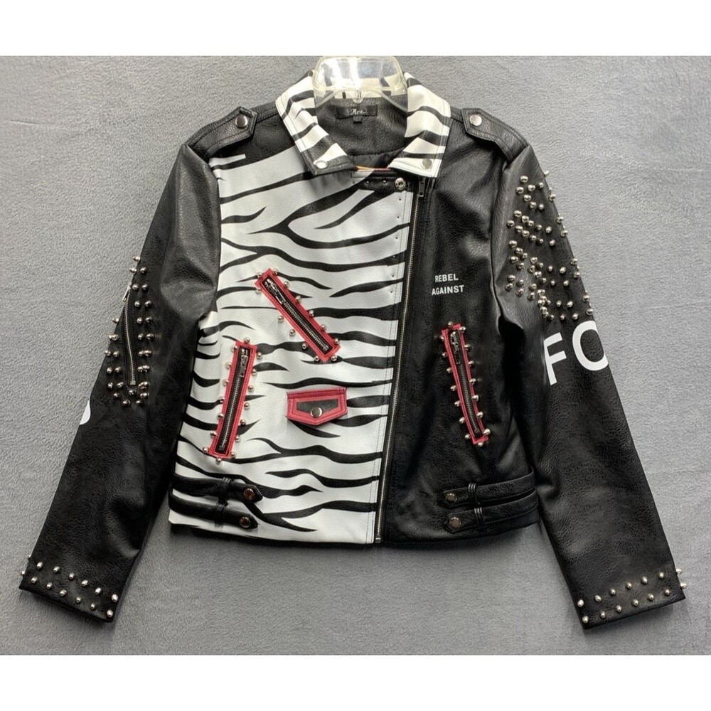 For Her Moto Leather Zebra Printed Jacket 81769 Studded Biker Pockets Large